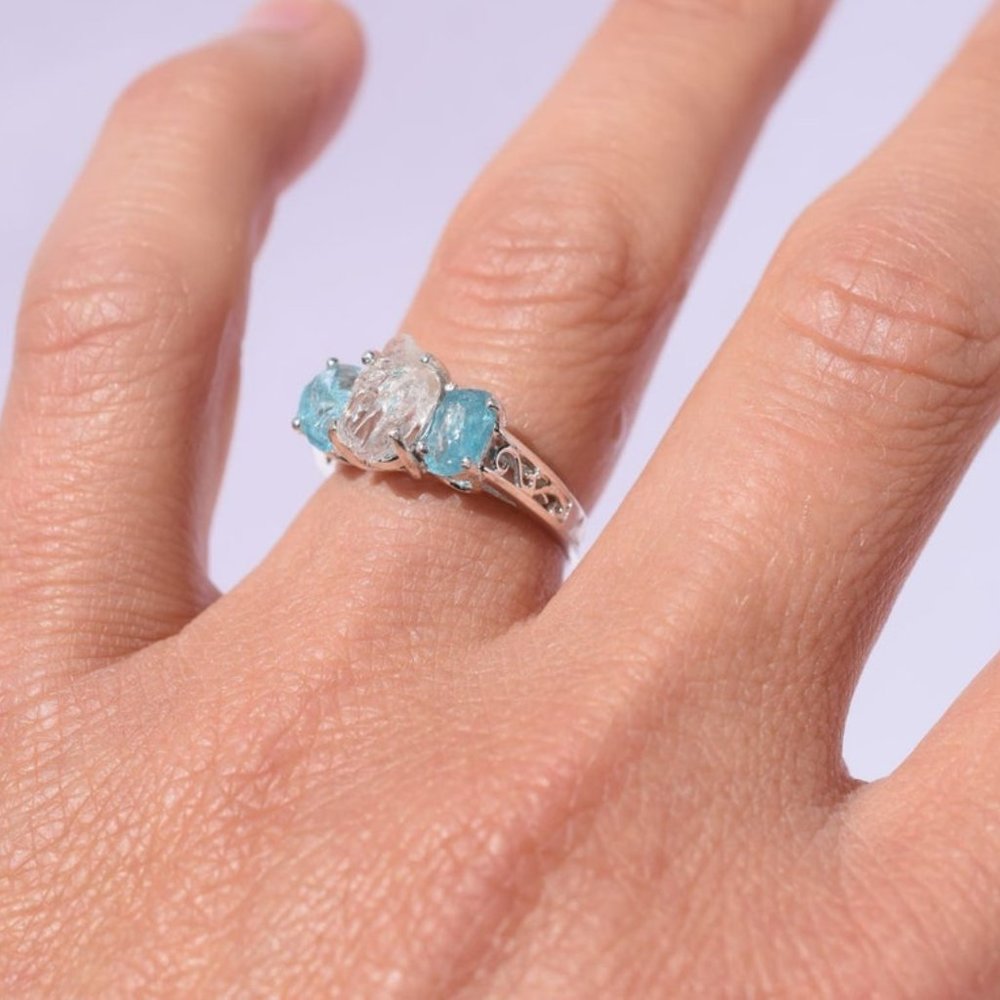 aquamarine and lake county diamond ring, raw stone rings unique engageme…